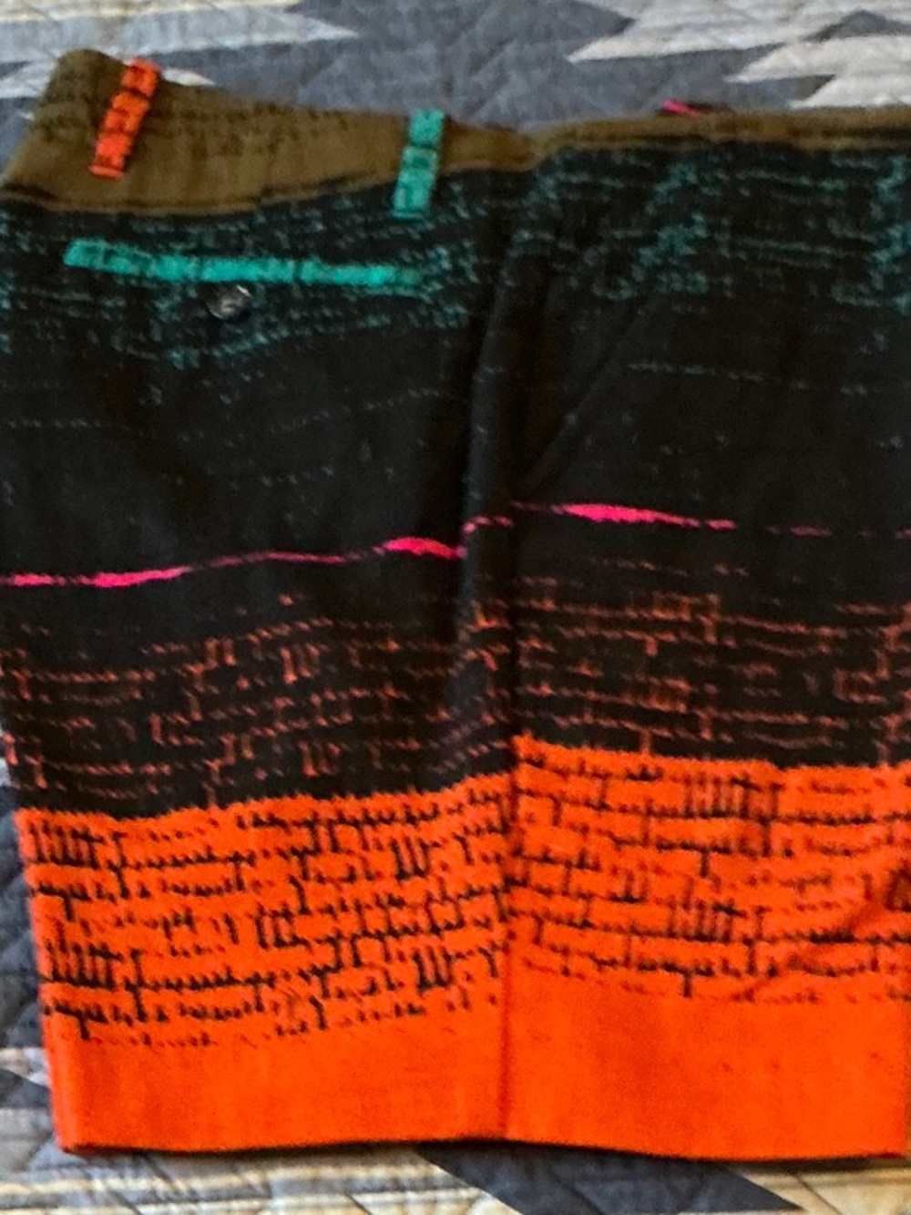 Black and Orange Pattern-Block Flat Front Men's Shorts